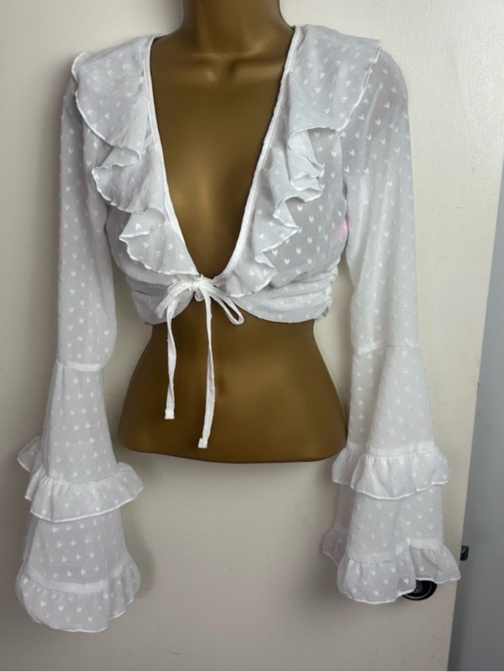 Sugar Thrillz X Dolls Kill White Hearts Aglow Mesh Bell Sleeve Crop Top NWT XS